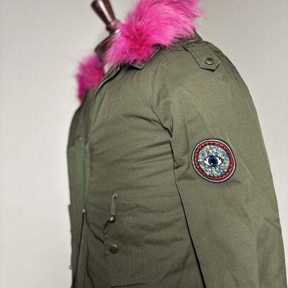 NWOT $600 PARKA PATCHED‎ HOODED Real Fur Removable Lining KHAKI COAT Sz Kid 12 - Picture 6 of 16